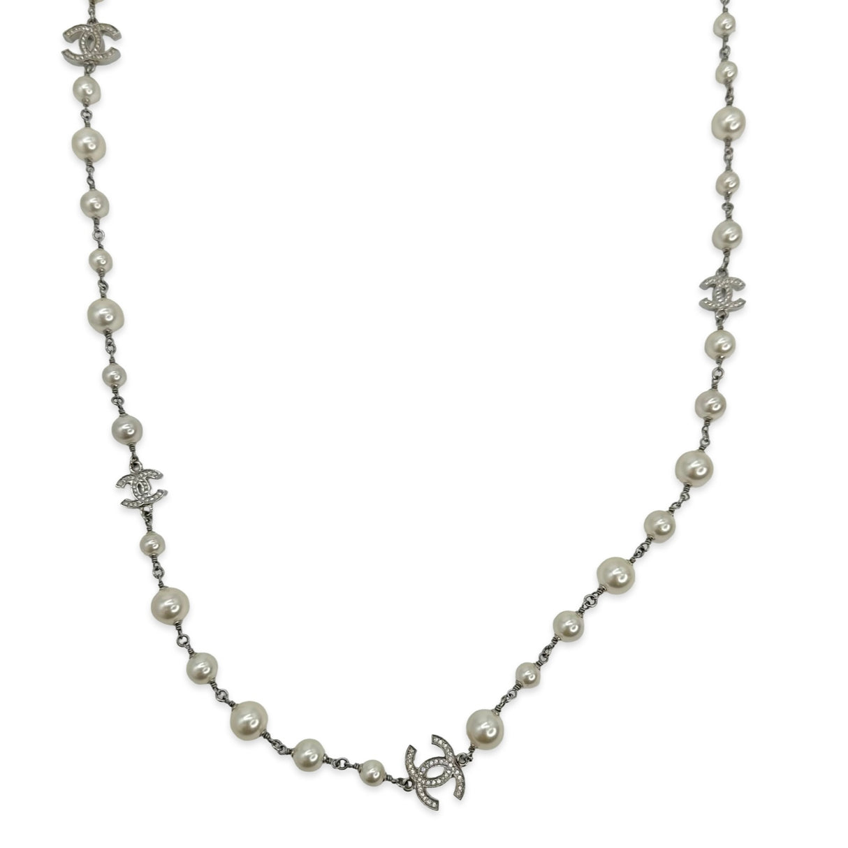 CC Crystal Long Pearl Beaded Necklace