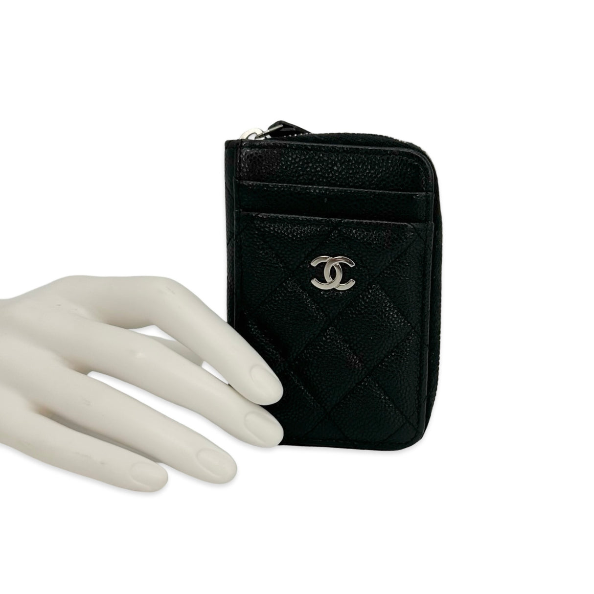 CHANEL: Quilted Caviar Vertical Zip Card Holder Wallet