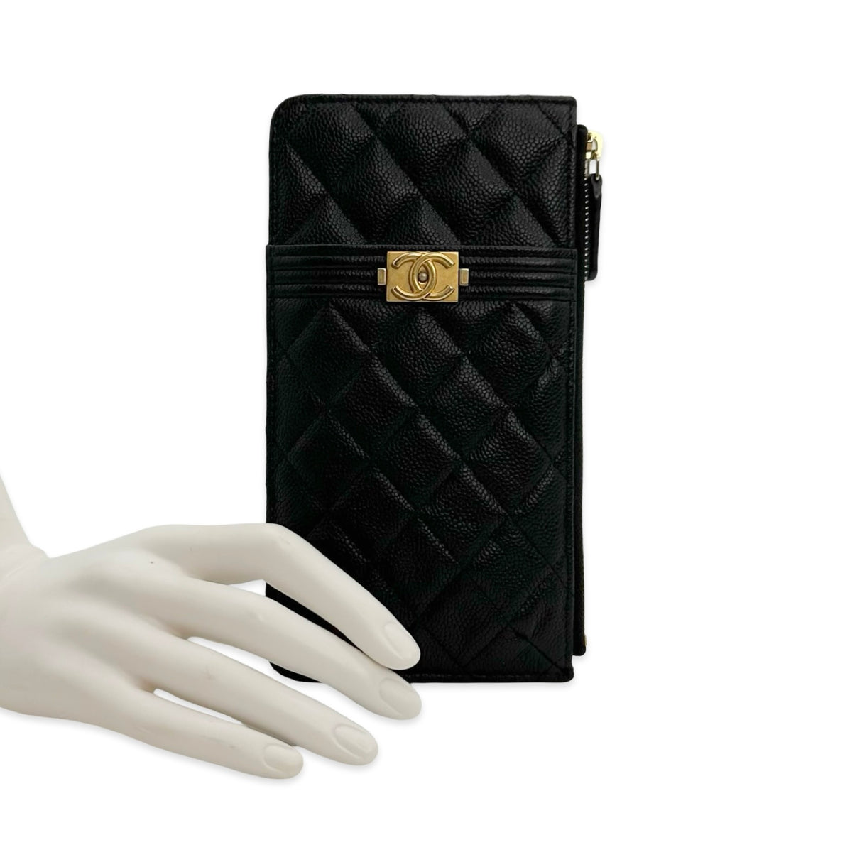 CHANEL: Quilted Caviar Boy Phone Holder Zip Card Pouch