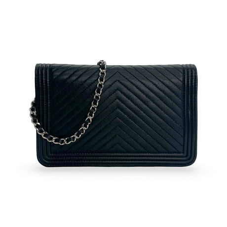 CHANEL: Quilted Chevron Lambskin Boy Wallet on a Chain