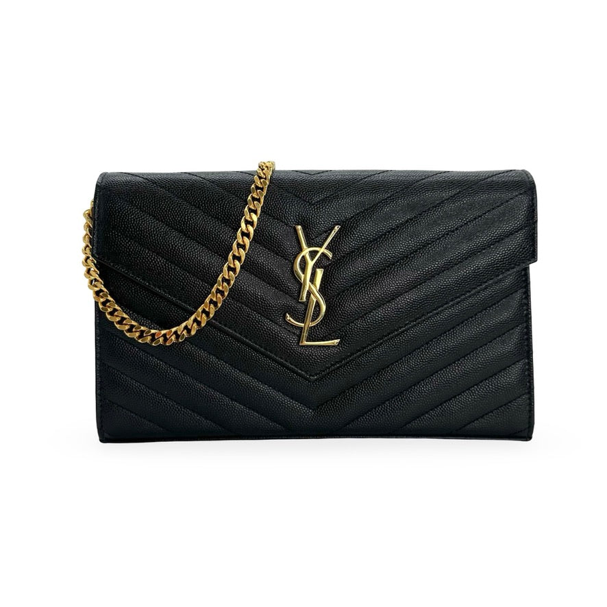 SAINT LAURENT: Quilted Grain de Poudre Classic Envelope Chain Wallet