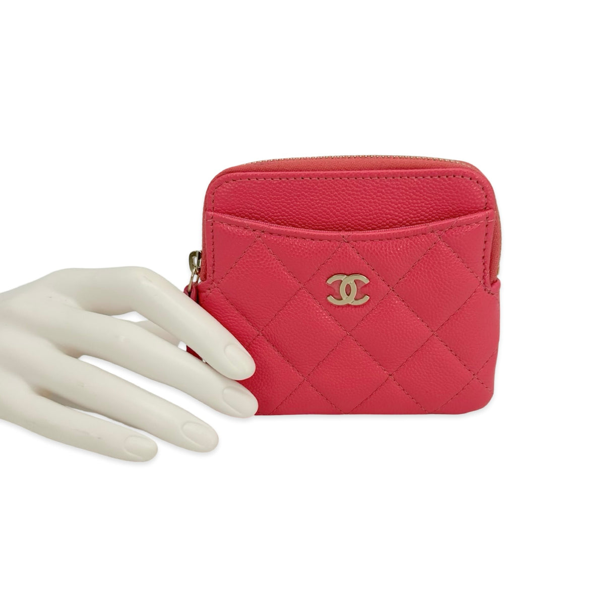 CHANEL: Quilted Caviar Compact Zip Wallet