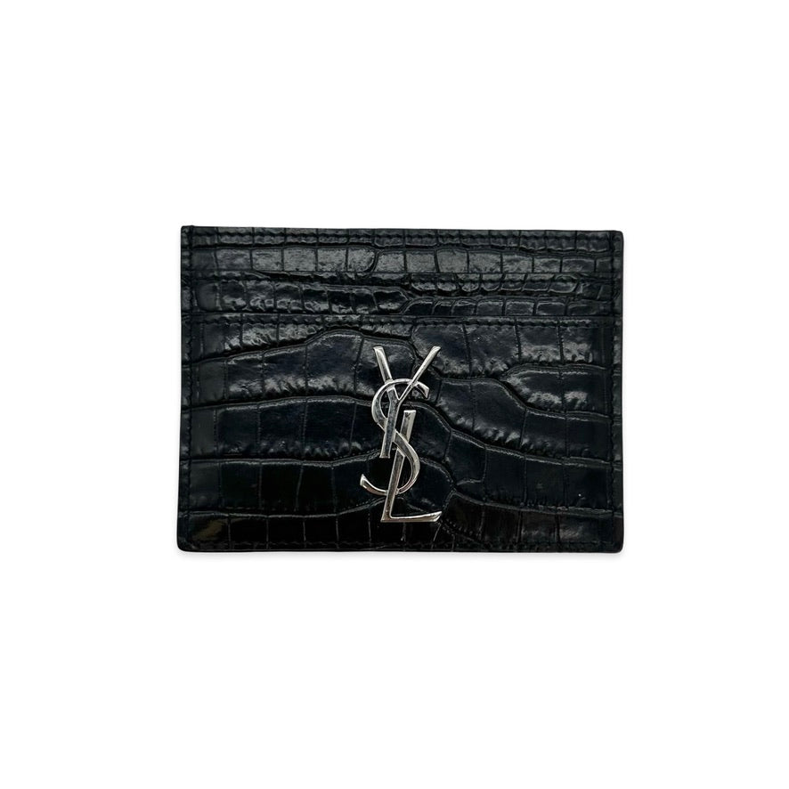 SAINT LAURENT: Croc Embossed Cassandre Card Case