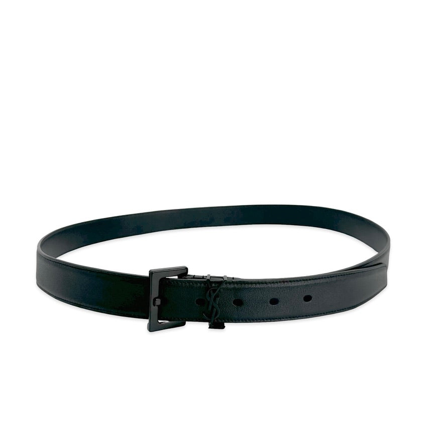 SAINT LAURENT: Smooth Leather Cassandre Square Buckle Belt