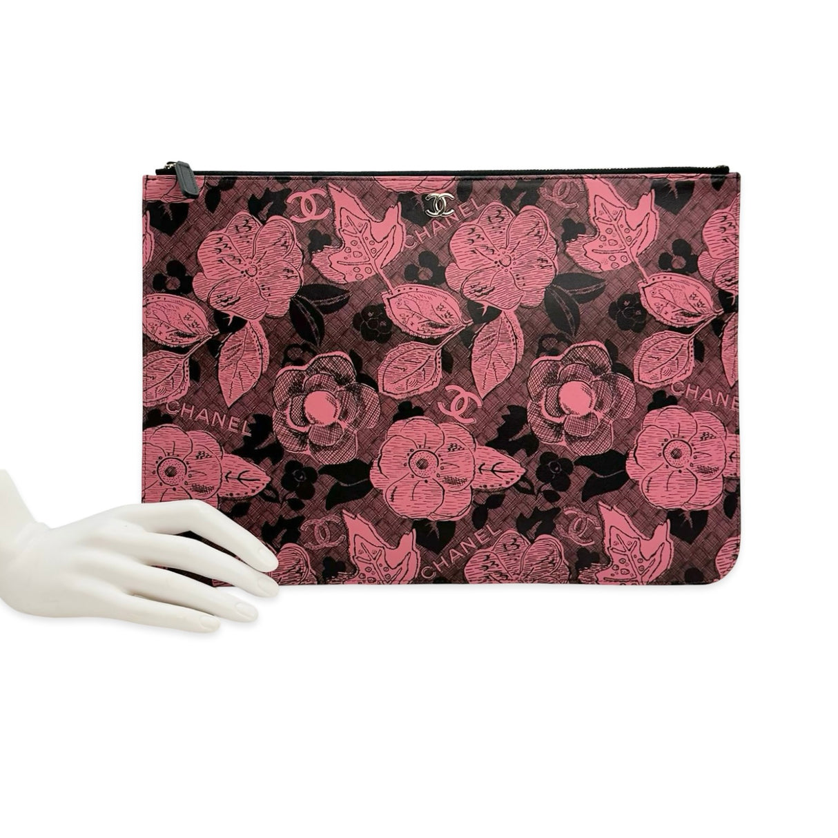 CHANEL: Printed Lambskin Floral Large Zip Pouch