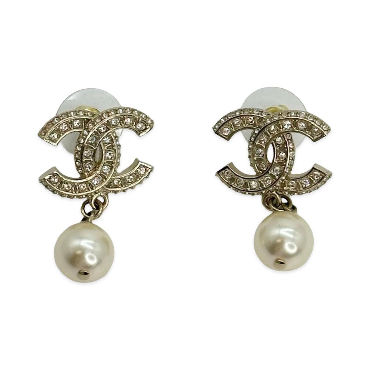 CHANEL: Crystal CC Pearl Drop Post Earirngs