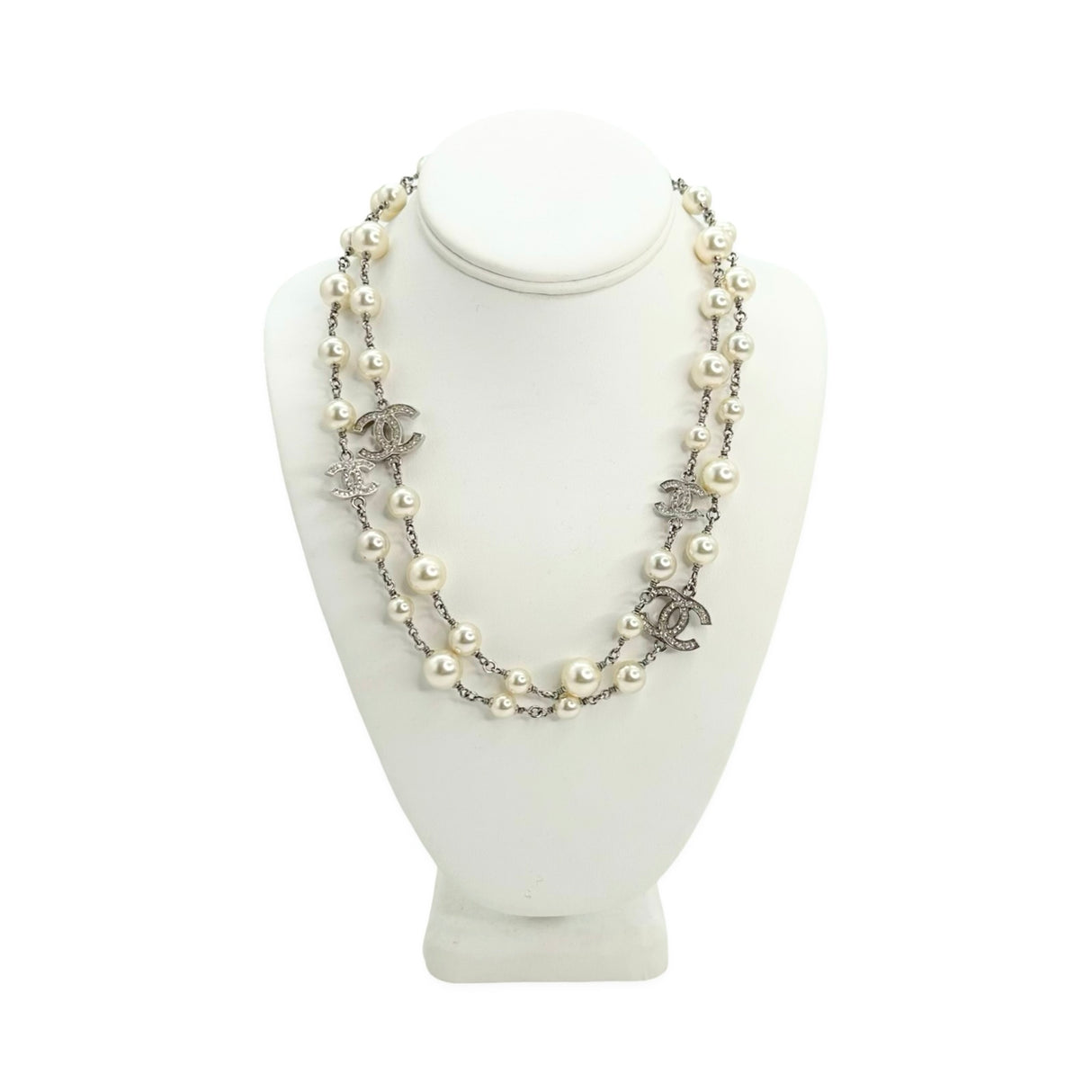 CC Crystal Long Pearl Beaded Necklace