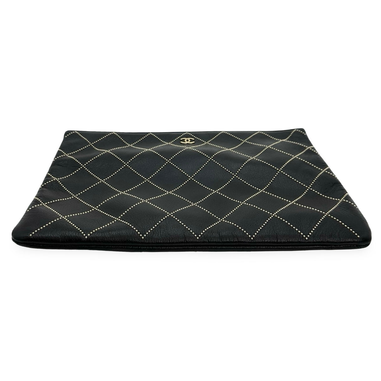 CHANEL: Quilted Studded Calfskin Large O Case Zip Pouch