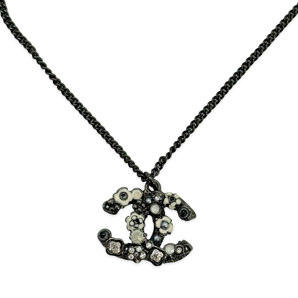 CHANEL: Floral CC Crystal Enamel Pendant Necklace