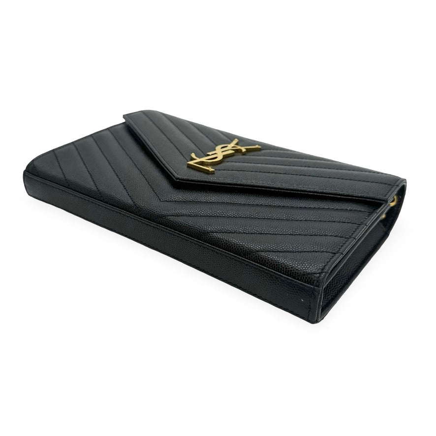 SAINT LAURENT: Quilted Grain de Poudre Classic Envelope Chain Wallet