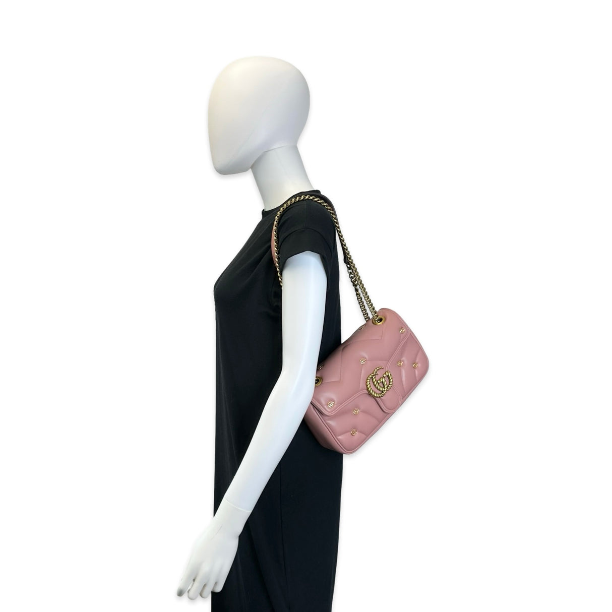 GUCCI: Quilted Leather Torchon Studded GG Marmont Medium Flap Chain Bag