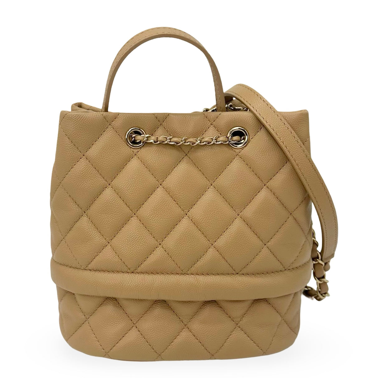 CHANEL: Quilted Caviar Rolled Up Drawstring Bucket Bag