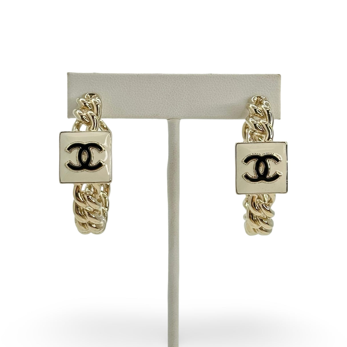 CHANEL: CC Enamel Chain Hoop Earrings