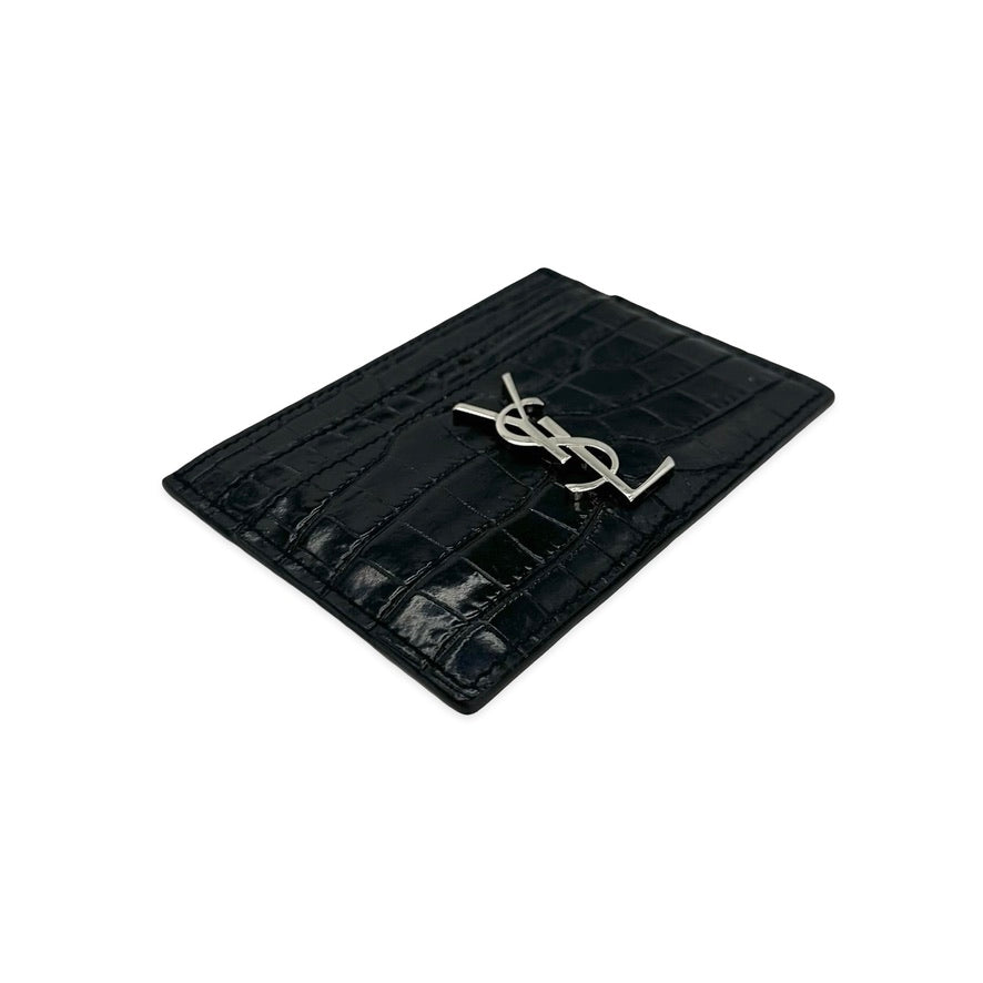 SAINT LAURENT: Croc Embossed Cassandre Card Case