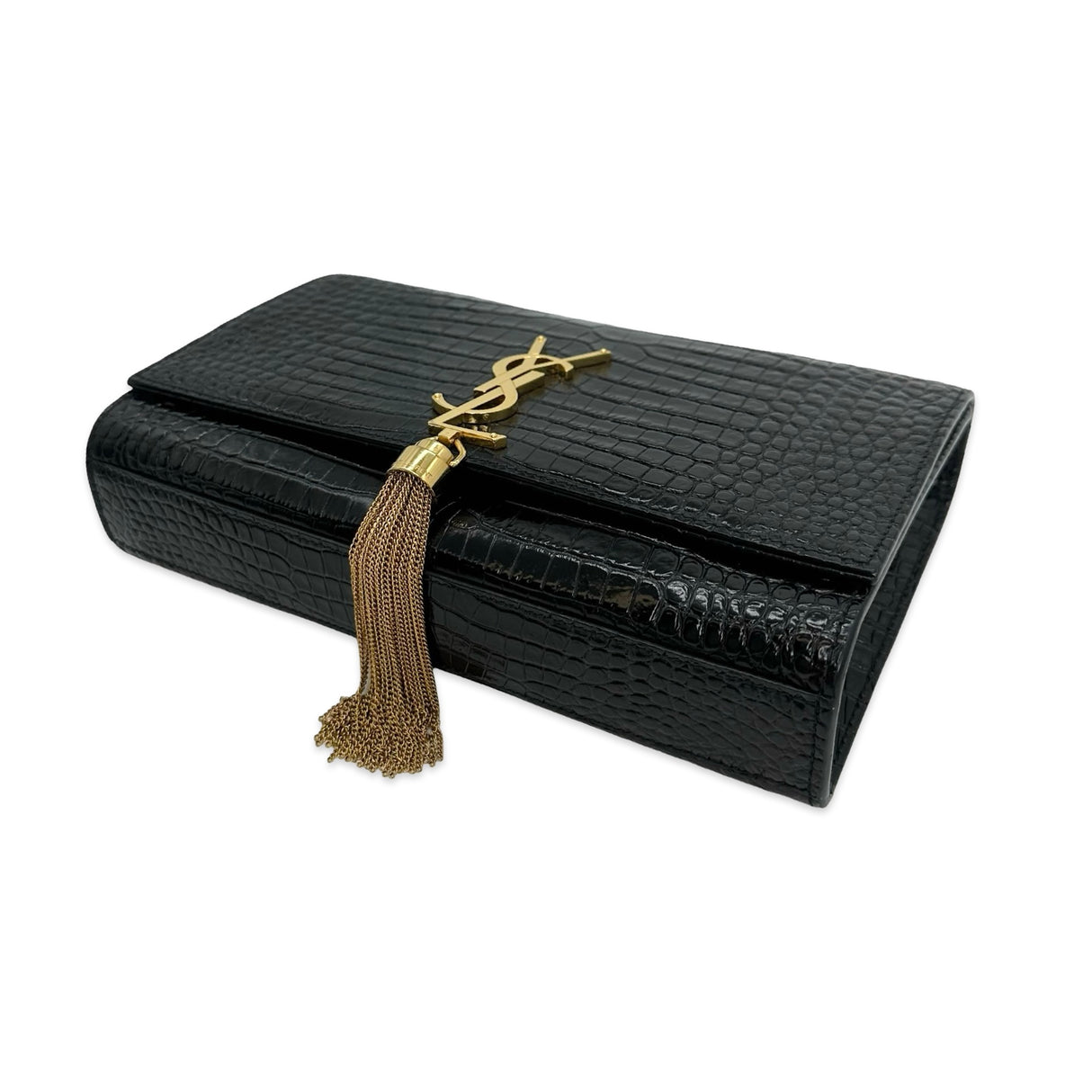 SAINT LAURENT: Croc Embossed Medium Tassel Kate Bag