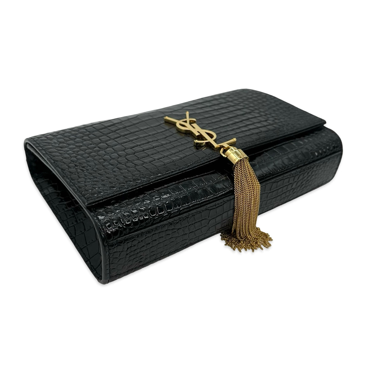 SAINT LAURENT: Croc Embossed Medium Tassel Kate Bag