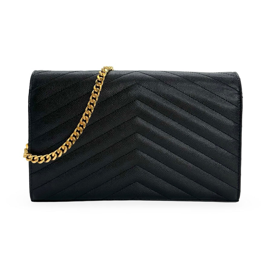 SAINT LAURENT: Quilted Grain de Poudre Classic Envelope Chain Wallet