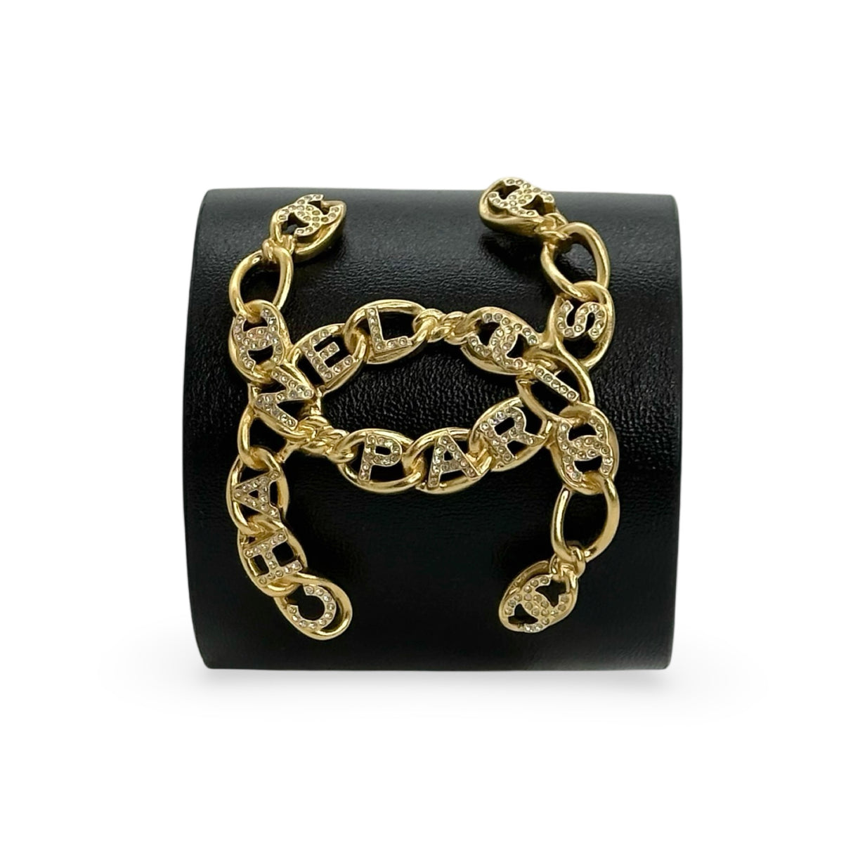 CHANEL: Crystal CC Paris Leather Wide Cuff