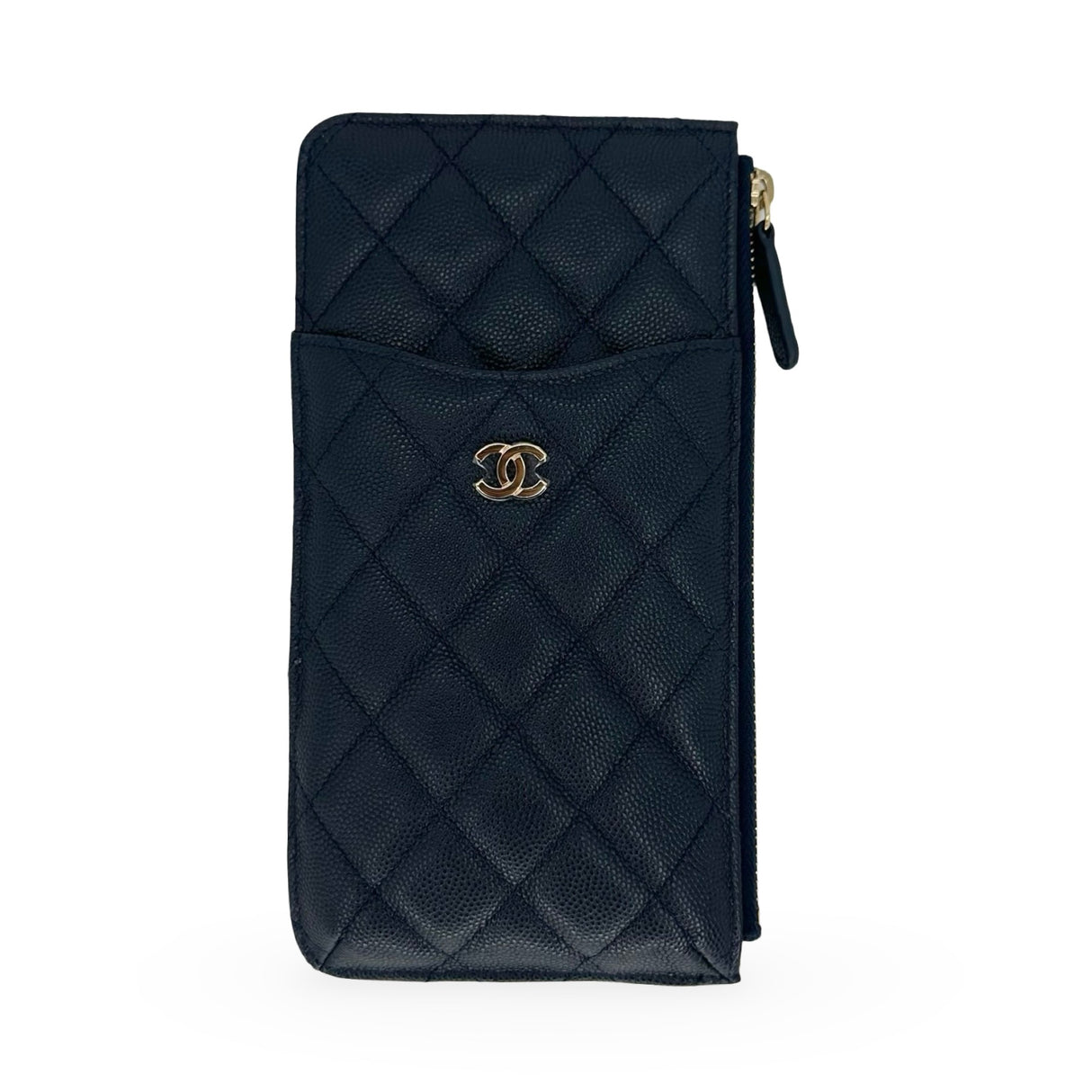 CHANEL: Quilted Caviar Phone Zip Card Case