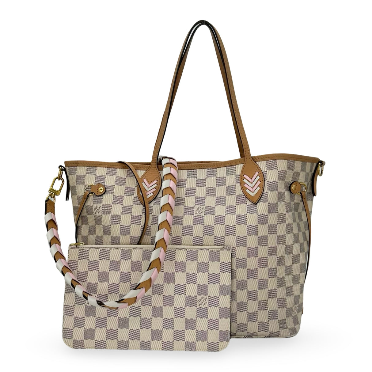 LOUIS VUITTON: Damier Azur Braided Strap Neverfull MM