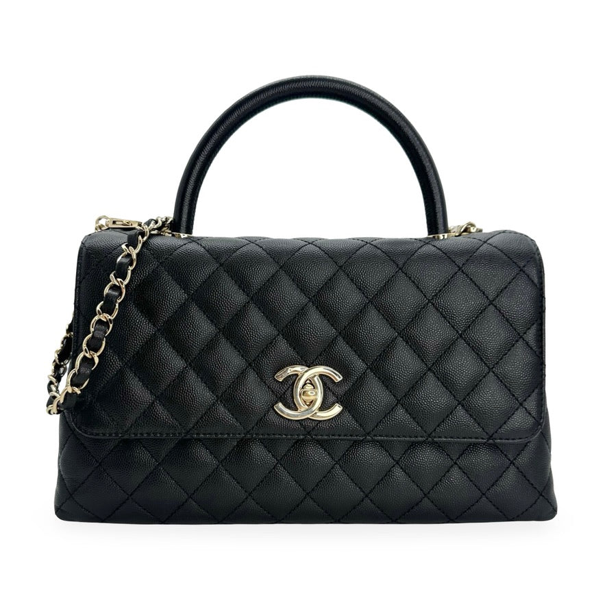 CHANEL: Quilted Caviar Small Coco Top Handle Flap Bag