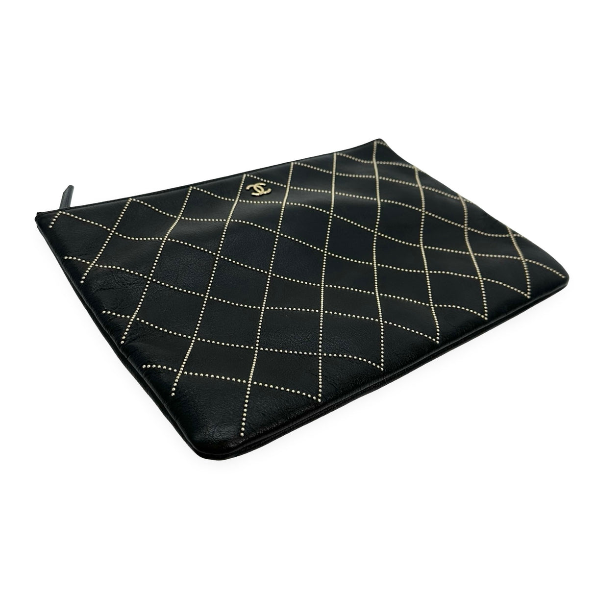 CHANEL: Quilted Studded Calfskin Large O Case Zip Pouch