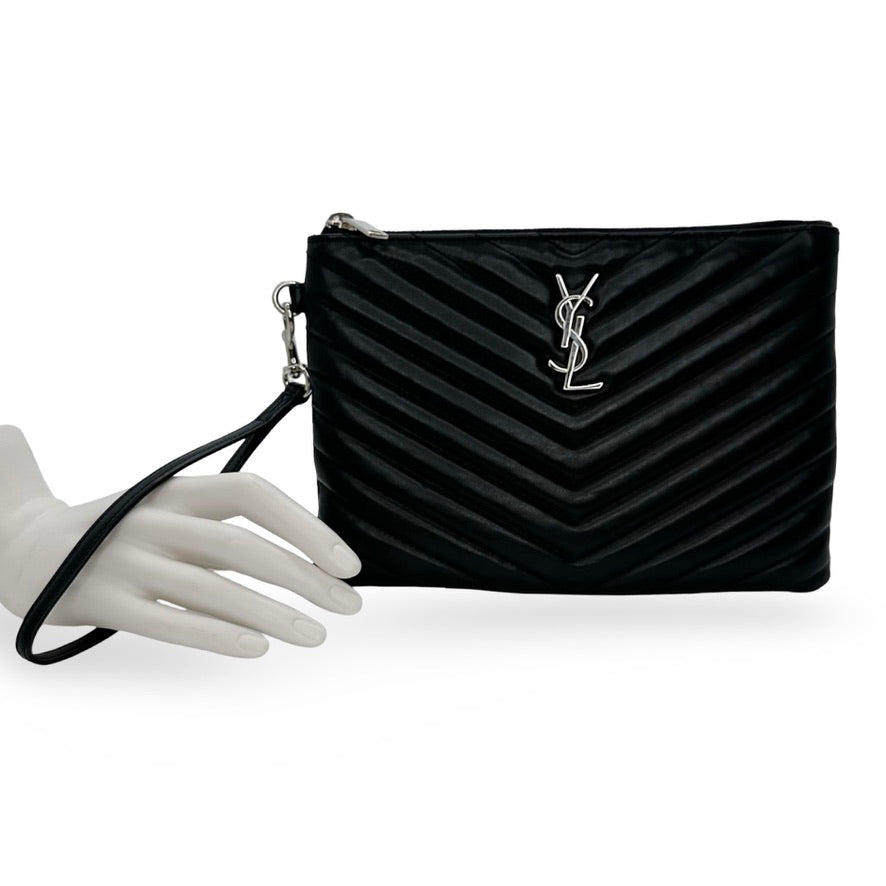 SAINT LAURENT: Quilted Leather Lou Small Pouch Wristlet