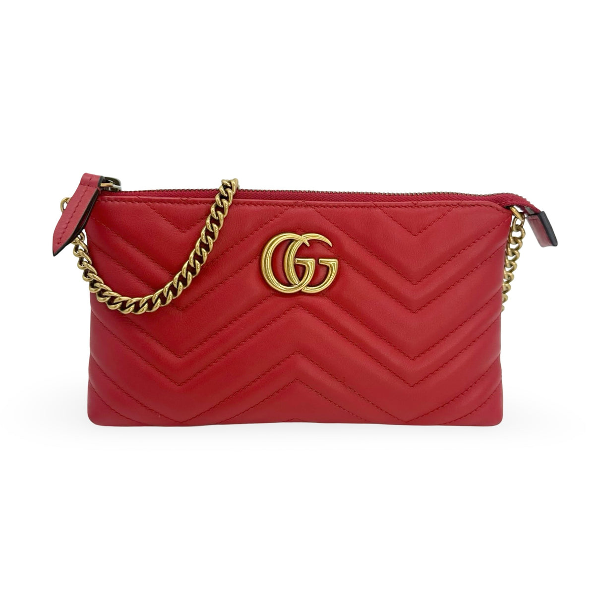 GUCCI: Quilted Leather GG Marmont Pochette with Chain