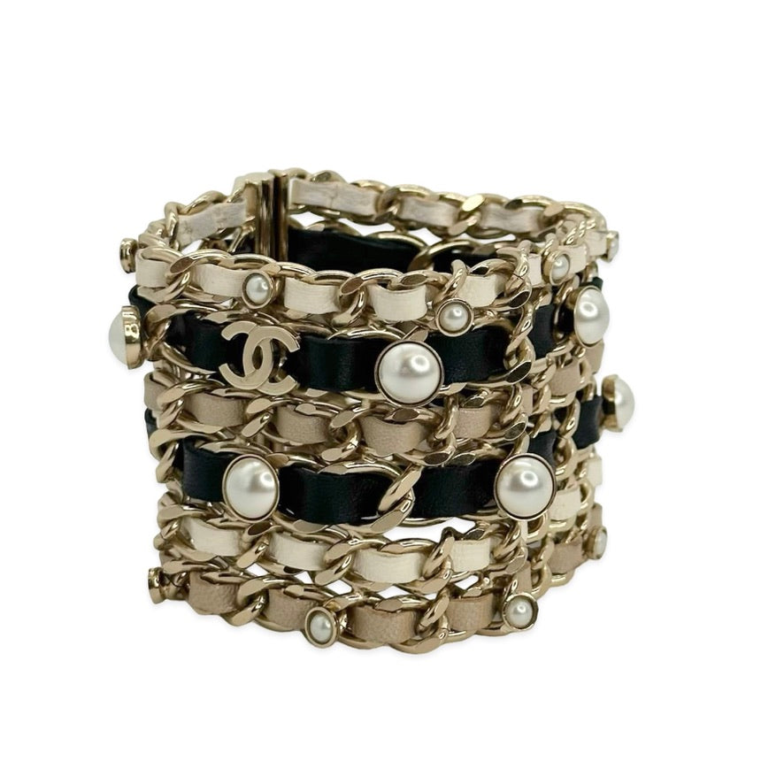 CHANEL: Leather Woven Chain and Pearl Bracelet