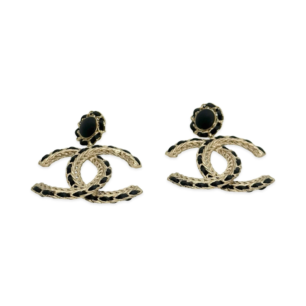 CHANEL: CC Chain Leather Button Drop Earrings