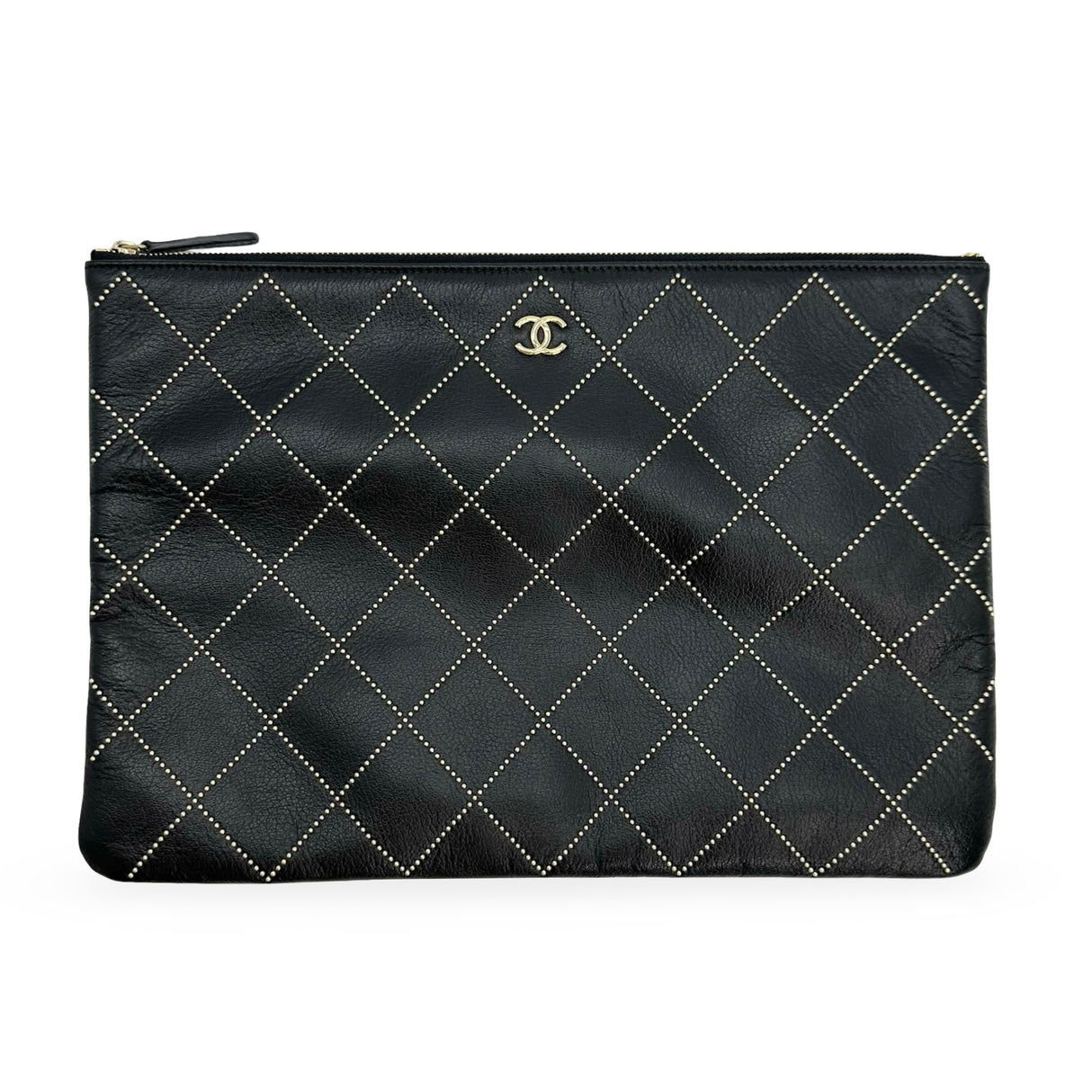 CHANEL: Quilted Studded Calfskin Large O Case Zip Pouch