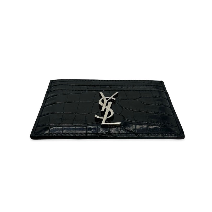SAINT LAURENT: Croc Embossed Cassandre Card Case