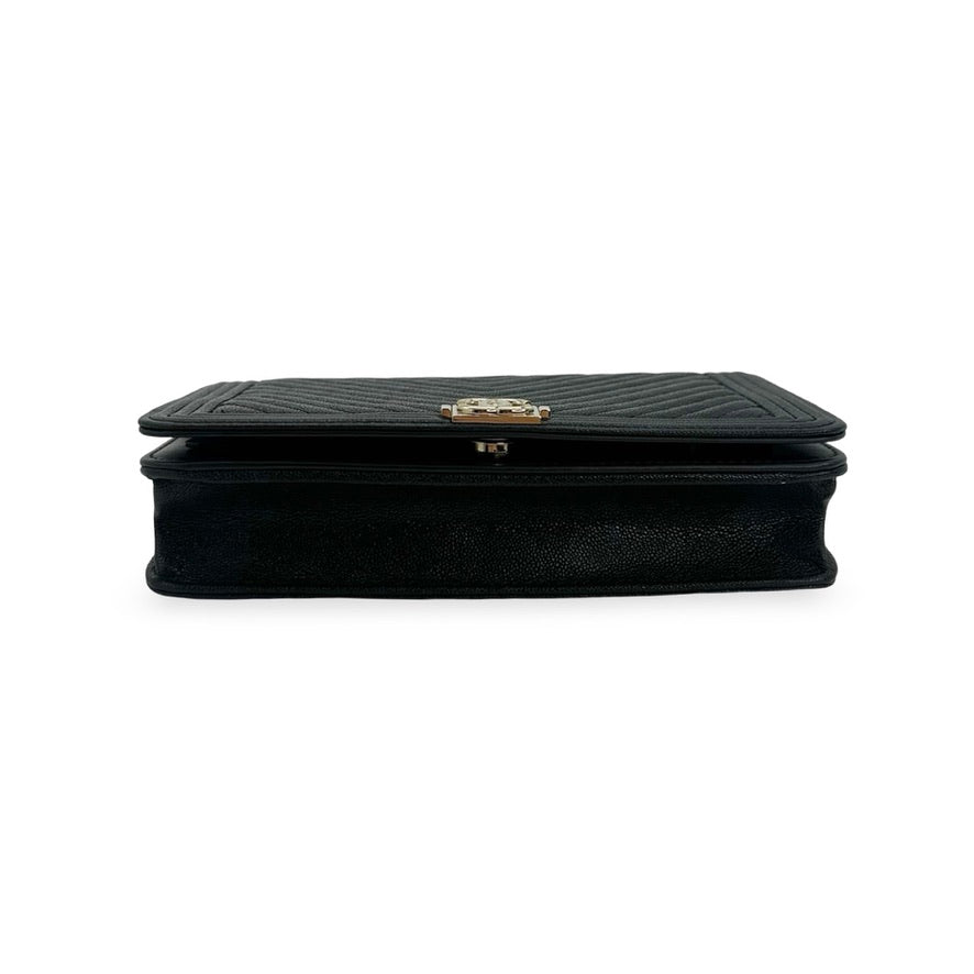 CHANEL: Chevron Quilted Caviar Boy Wallet on a Chain