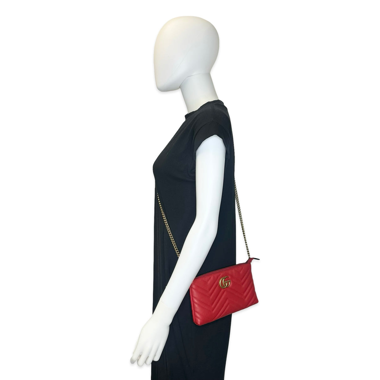 GUCCI: Quilted Leather GG Marmont Pochette with Chain