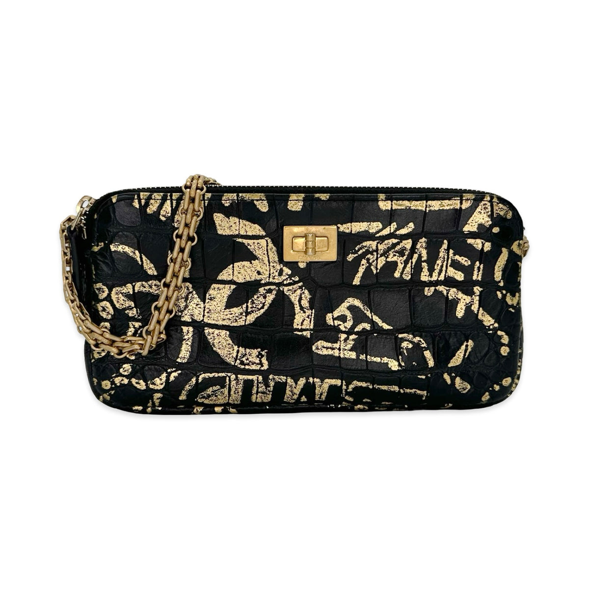 Chanel Croc Embossed Graffiti Reissue Double Zip Clutch Pouch on Chain