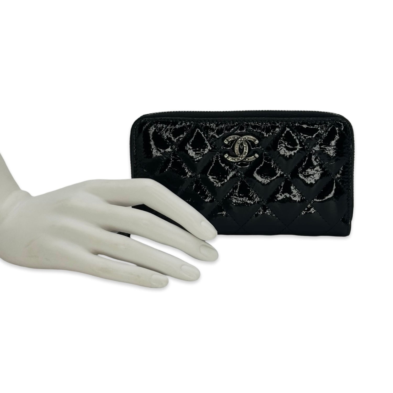 Chanel Quilted Patent Leather Zip Long Wallet