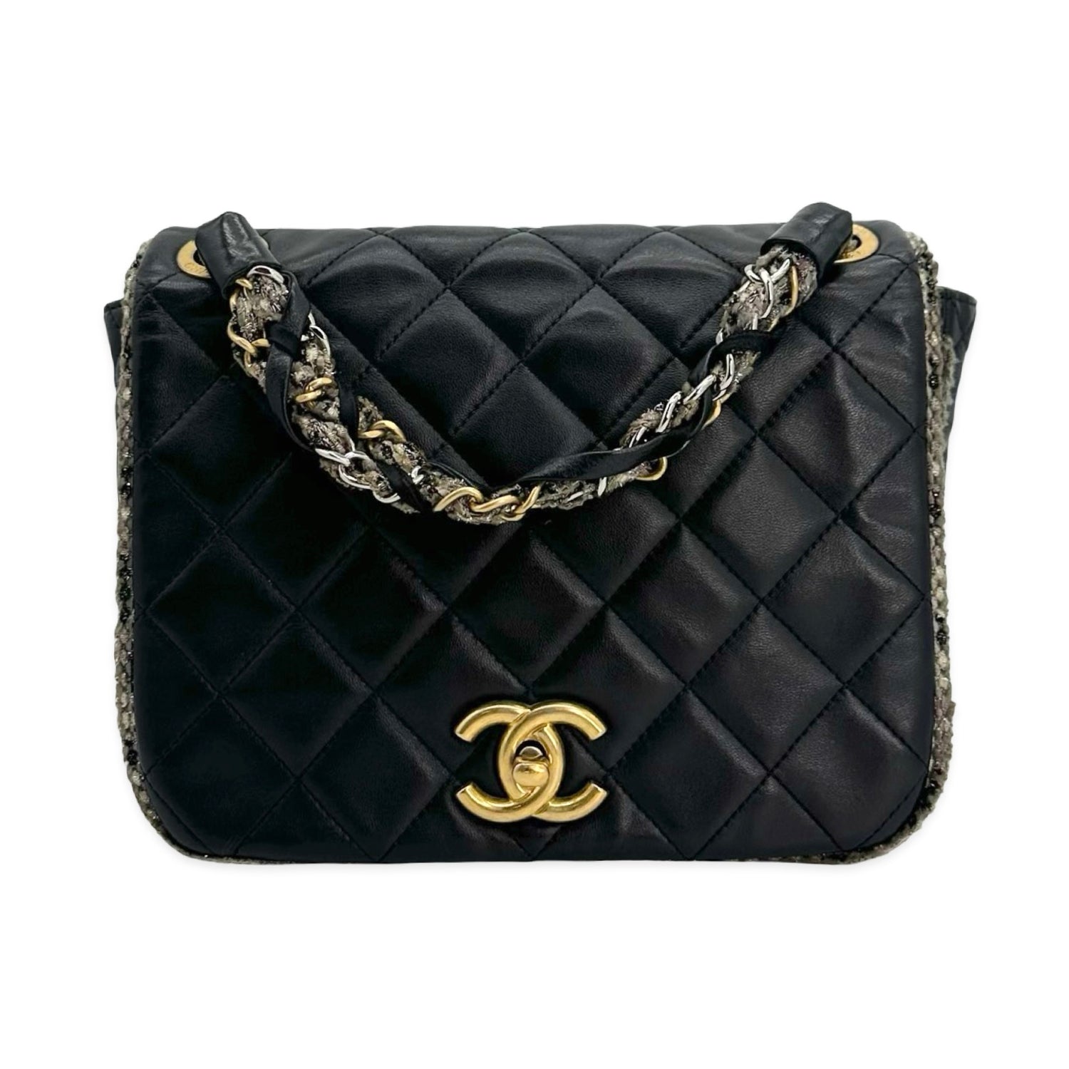 Quilted Lambskin Tweed Trim Square Full Flap