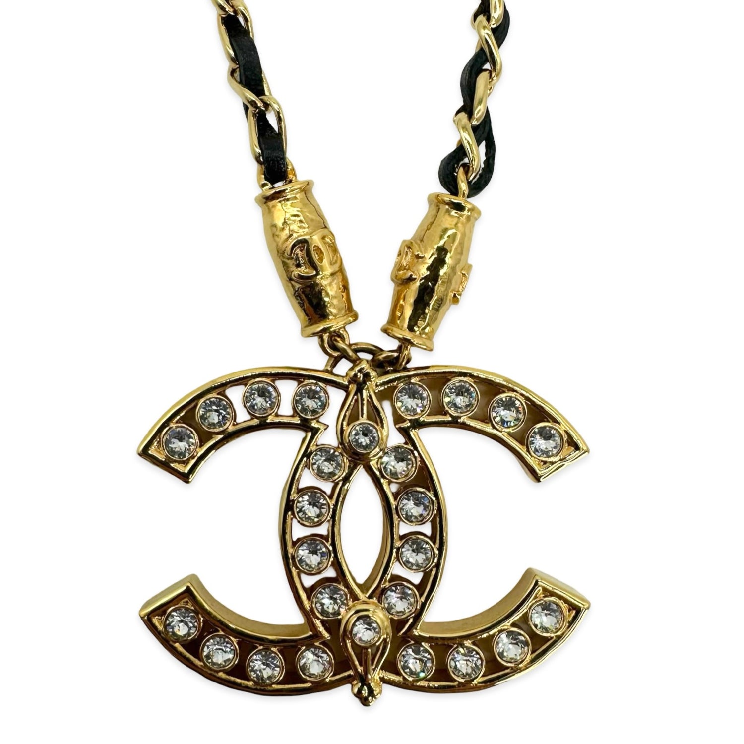 Crystal CC Pendant Woven Leather Chain Necklace